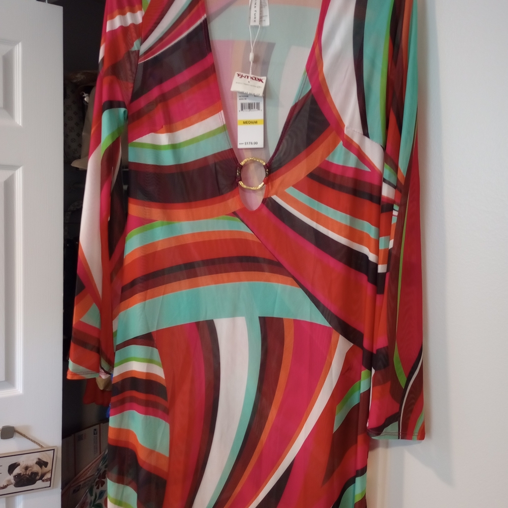 NWT Trina Turk Multicolor Striped V-Neck Swimsuit Cover-Dress.